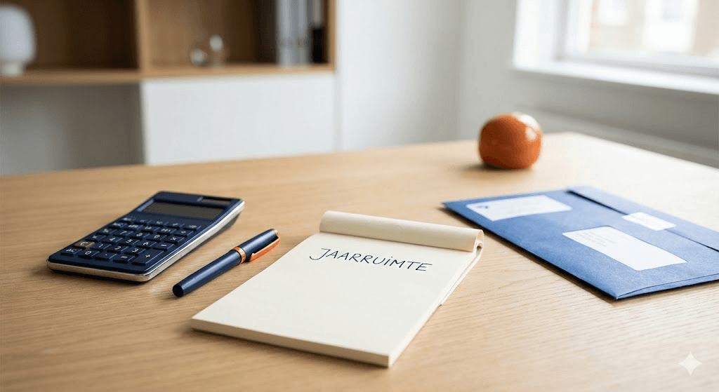 Bureau met rekenmachine, pen en notitieblok met 'Jaarruimte' geschreven - pensioenplanning